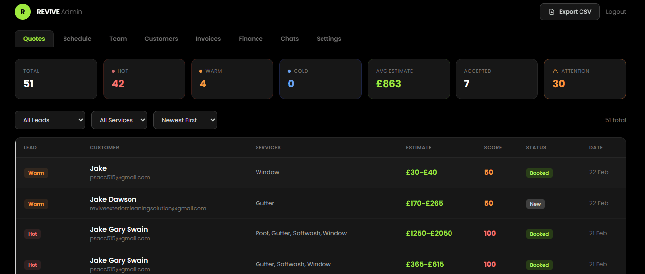 Revive Admin Dashboard — leads, quotes, and status tracking