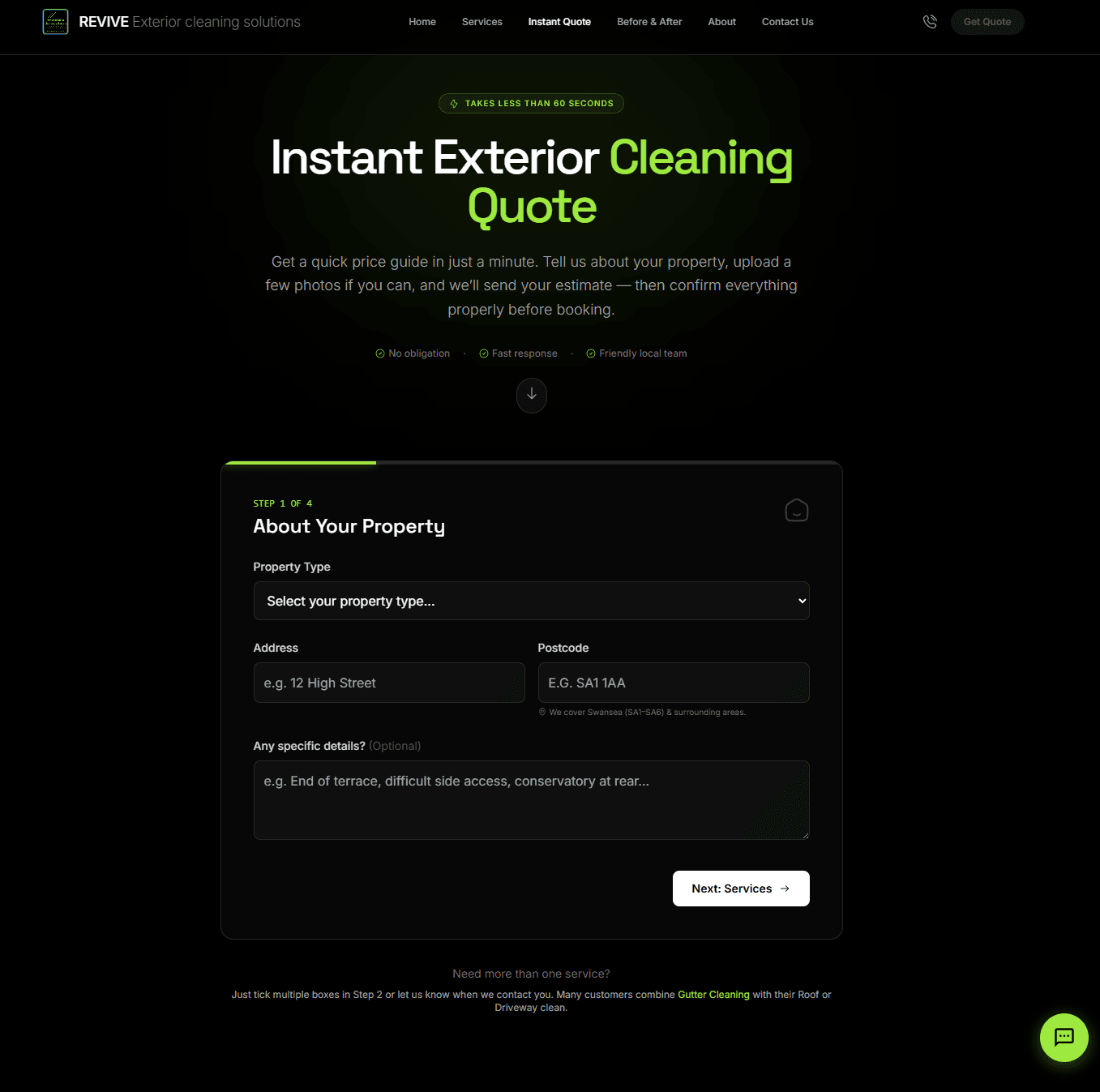 Instant quote form — multi-step with property details